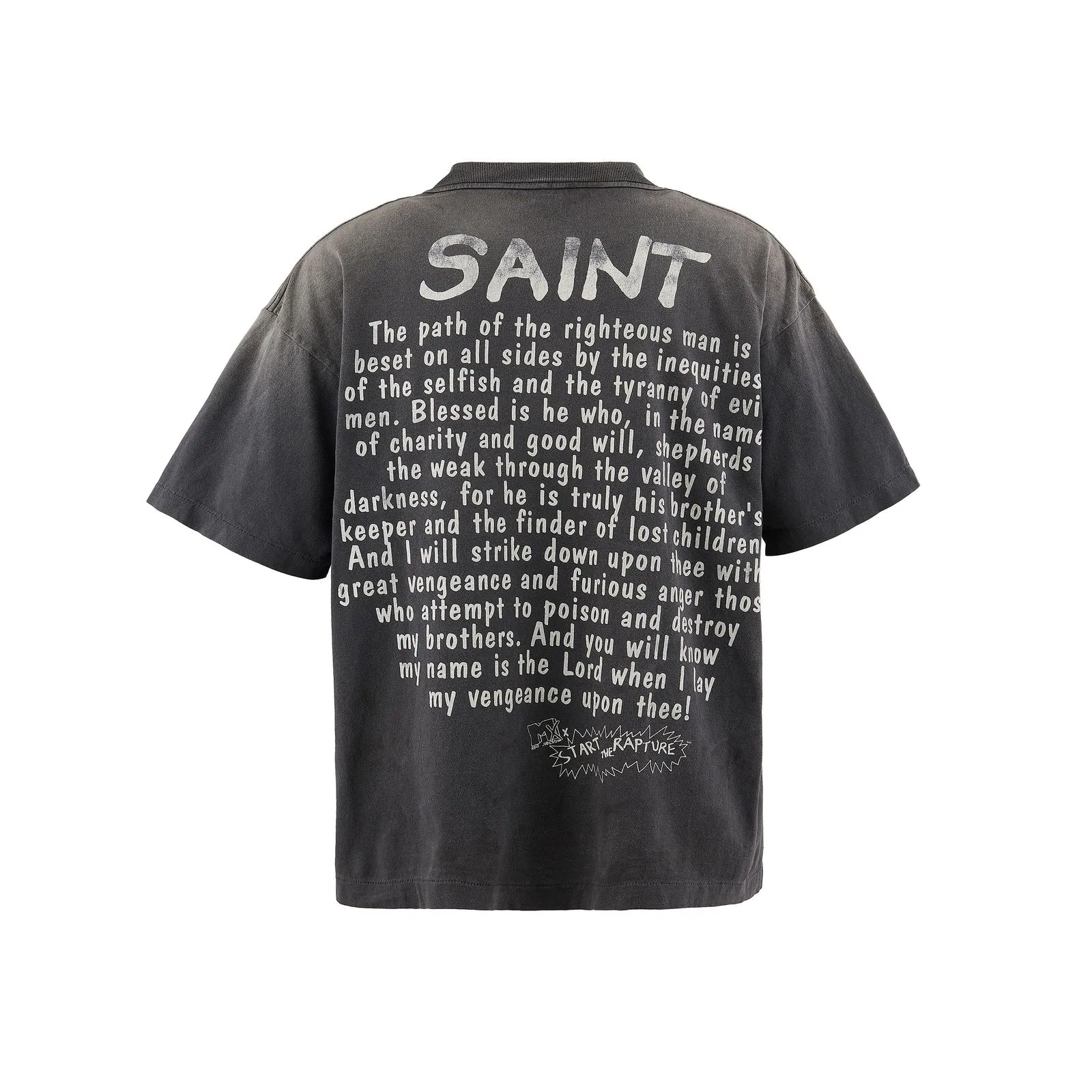 SAINT Mxxxxxx RAPTURE SS TEE/BLK Beavis and Butt-Head anime character TEE. Washed black S-XL. The print is from the characters of the American classic animation "Beavis and Butt-Head". It also pays tribute to the two classic killer characters in "Pulp Fiction". It is very witty and humorous. The whole garment is washed again.